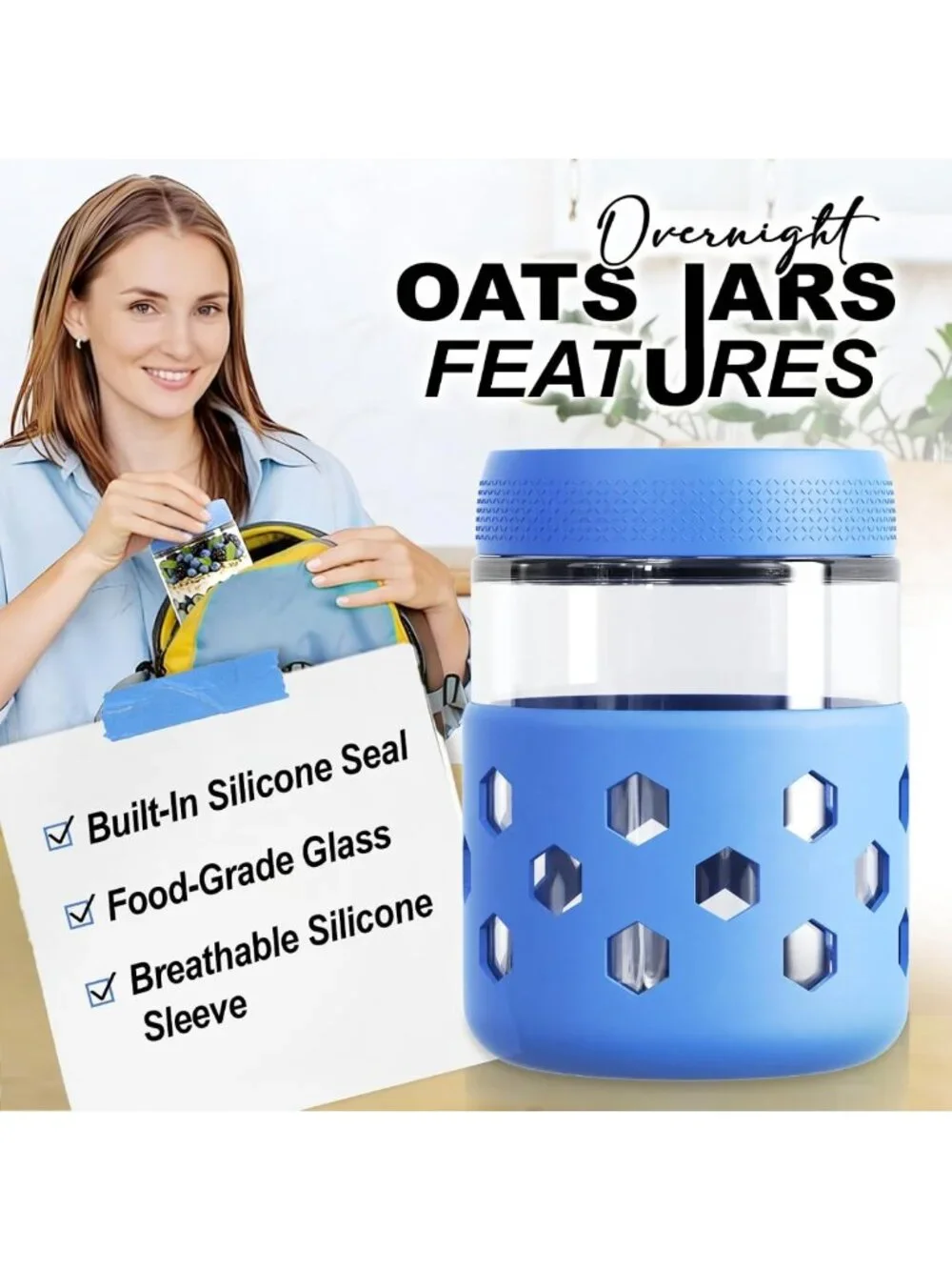 6 Pack 16oz Mason Glass Jars for Overnight Oats - Airtight Lids, Meal Prep